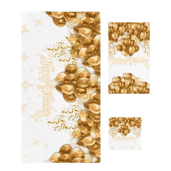 Happy Birthday Towel Set of 3, Soft Microfiber Bath Towels, Hand Towel, Washcloths, Golden Balloons Ribbons Abstract Art Quick-Dry Absorbent Towels for Bathroom Kitchen Hotel Beach Gym Spa