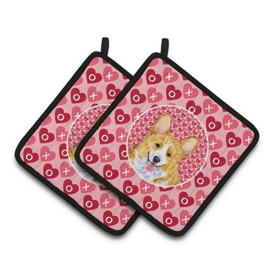 Corgi Hearts Love & Valentines Day Portrait Pair of Pot Holders, 7.5 x 3 x 7.5 in.