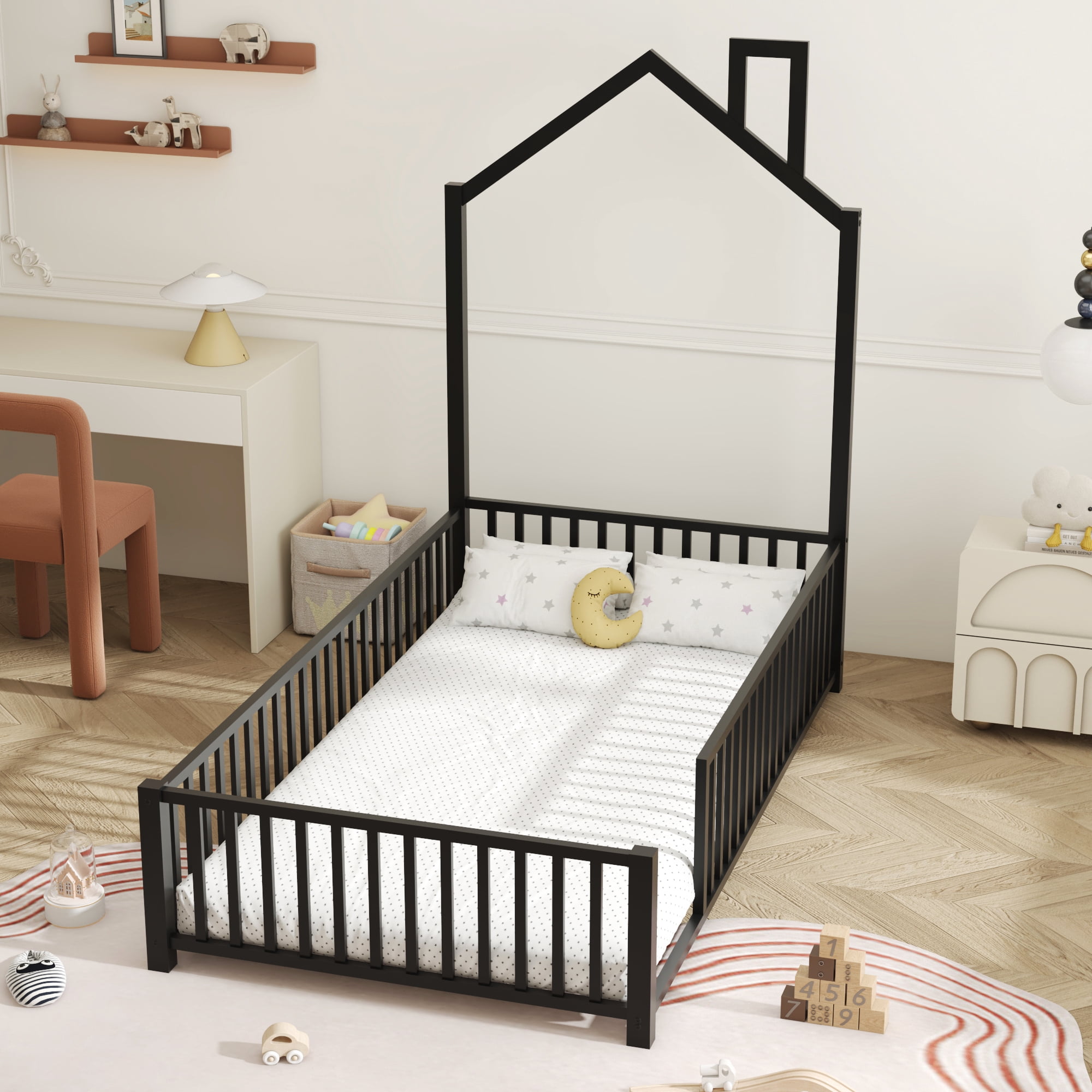 MODERNLUXE Twin Size Platform Bed Frame, House Floor Bed with Guardrail and Chimney, Black