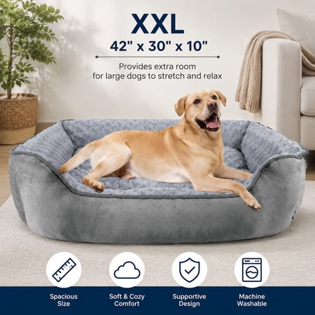Rectangle Orthopedic Dog Bed for Large Medium Small Dogs - Washable Soft Breathable Puppy & Pet Sofa with Anti-Slip Bottom Durable Calming Bed Multiple Sizes Grey