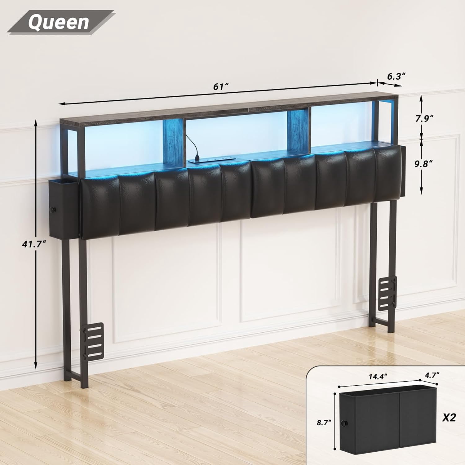 Homieasy Upholstered Queen Headboard with Hidden Drawer Storage, Headboards for Queen Size with Power Outlet and LED Light, Sturdy and Stable Headboard, Black Oak