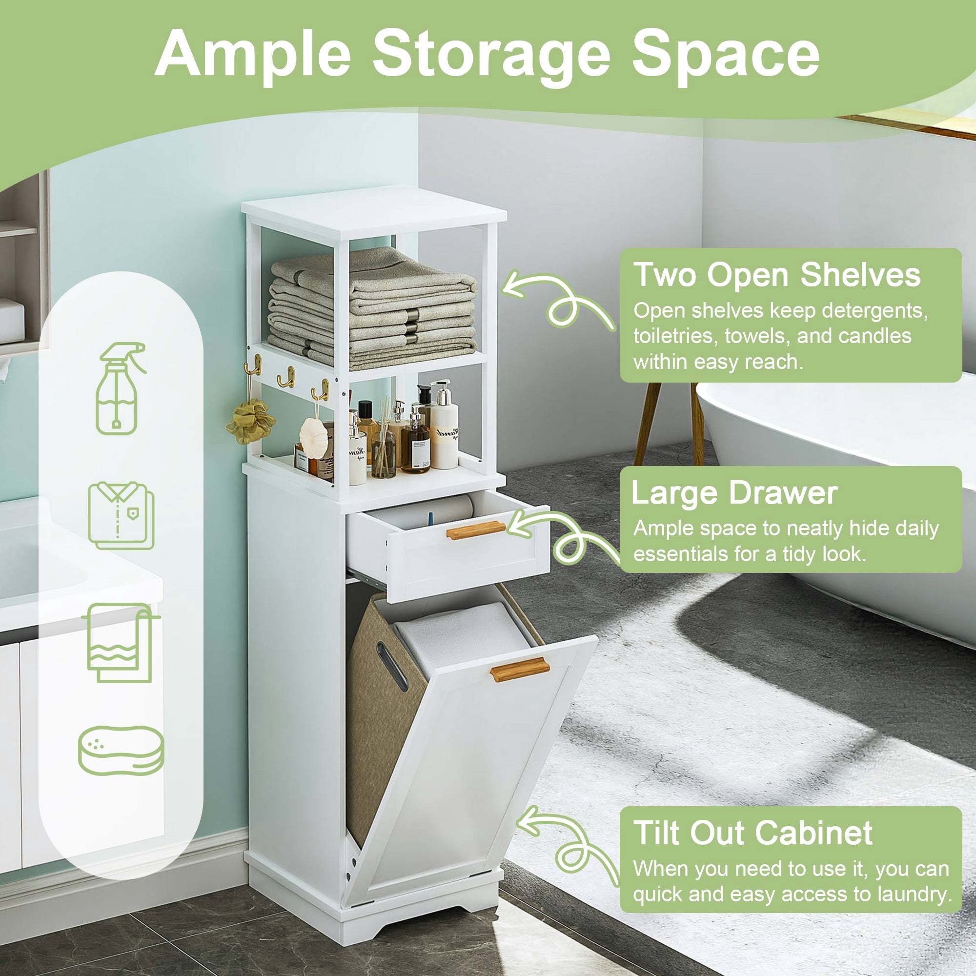 VECELO Tilt Out Laundry Hamper Cabinet, Hidden Drawer and 3 Hooks,2-Tier Storage Shelves with Removable Laundry Basket 53" Tall Bathroom Storage Organizer for Laundry Room, White