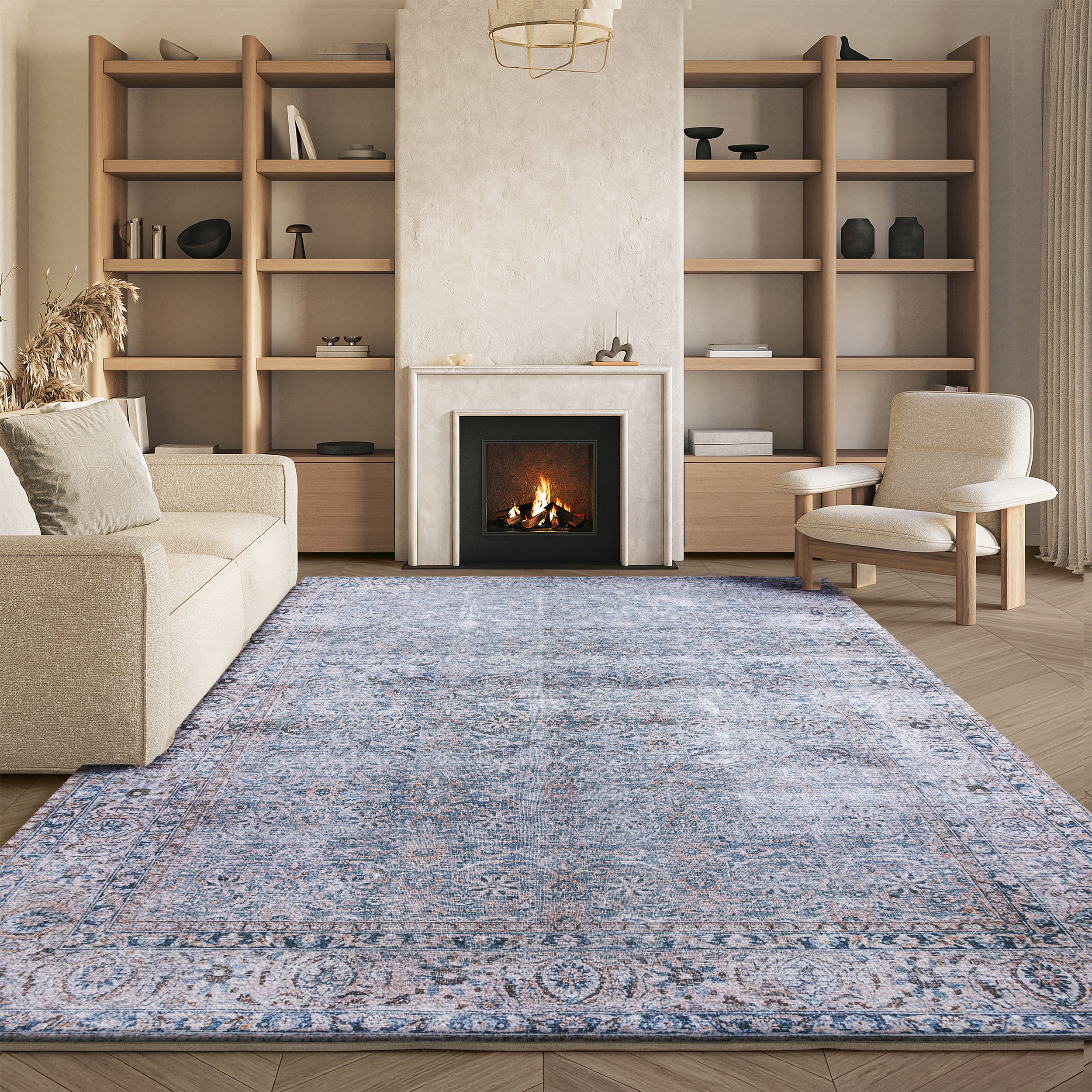 SAFAVIEH Tucson Leland Traditional Machine Washable Area Rug, 4' x 6', Green Blue/Beige