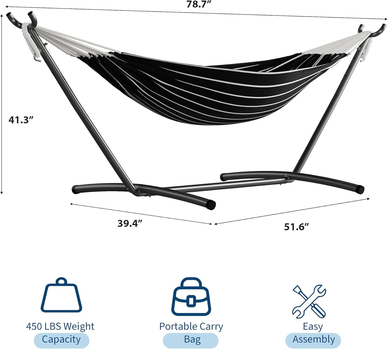 Double Hammock with Foldable Steel Stand and Carrying Bag, Portable Freestanding Hammock for Indoor & Outdoor Use, 450 lbs Capacity, Ideal for Garden, Patio, Camping, Beach, Onyx