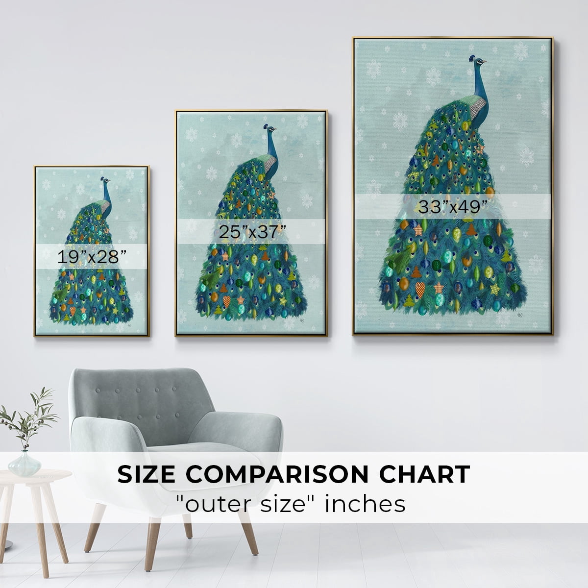 Christmas Peacock Christmas Tree - Framed Gallery Wrapped Holiday Canvas - 25 x 37 - Gold Frame