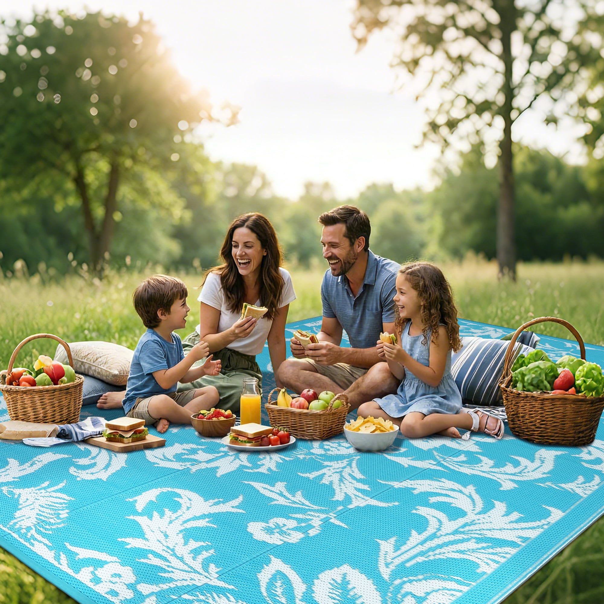 Waterproof Outdoor Rug 8x10 FT Reversible Plastic Straw Patio Mat, Lightweight Foldable Area Rug for RV Camping, Deck, Backyard, Porch, Beach, Picnic, Blue & White
