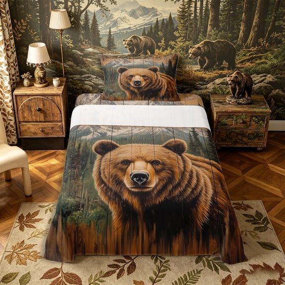 Castle Fairy Vintage Rustic Bear Twin Sheets 3pcs,Retro Woodland Wildlife Bedding,Natural Brown,1 Fitted Sheet, 1 Flat Sheet and 1 Pillowcase