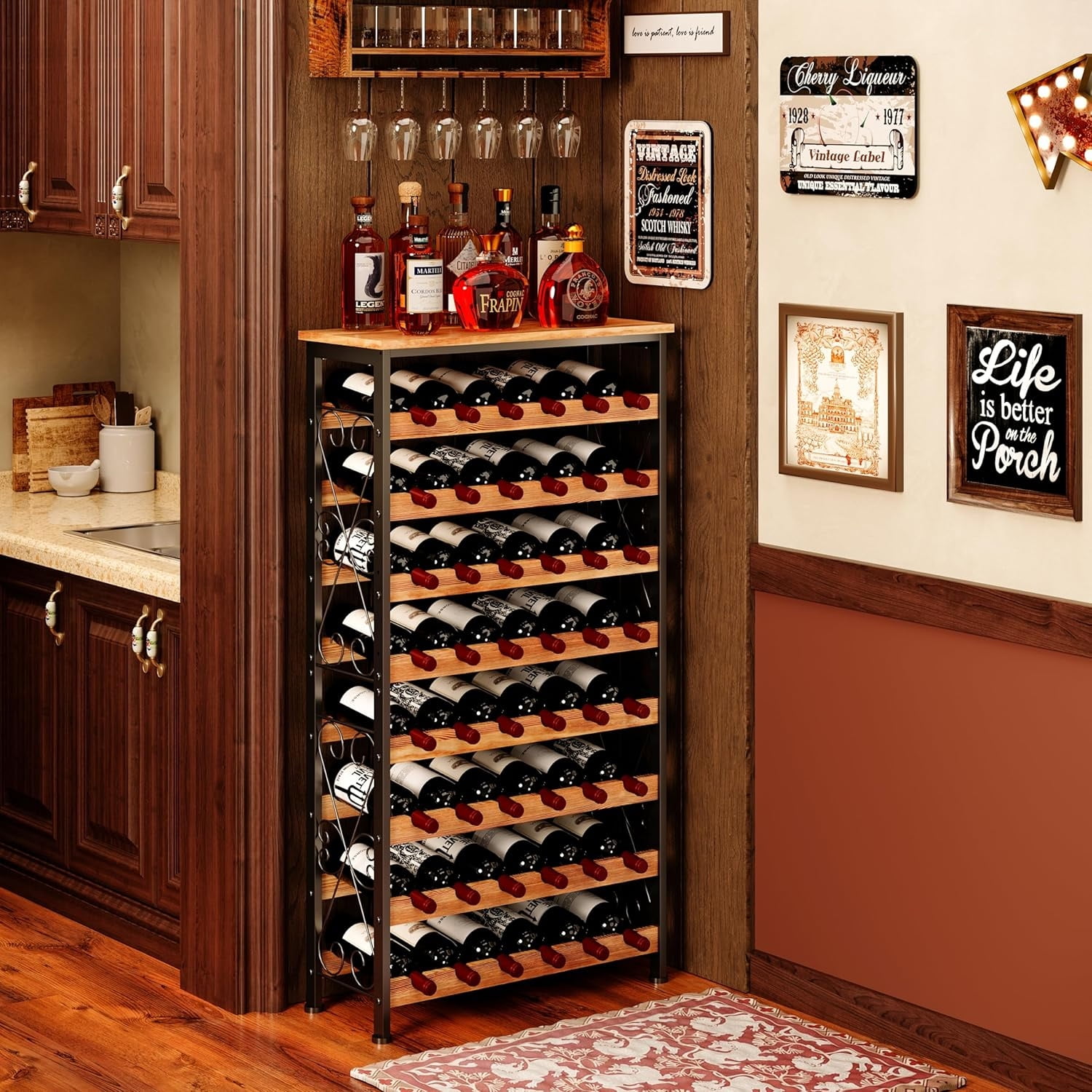 Wine Rack Freestanding Floor with Wood Top, 8 Tier Wine Bottle Holder, Wine Storage for Kitchen Pantry, Tall Wine Bar Stand Shelf Display 25.2''L X 10.7''W X 47.2''H