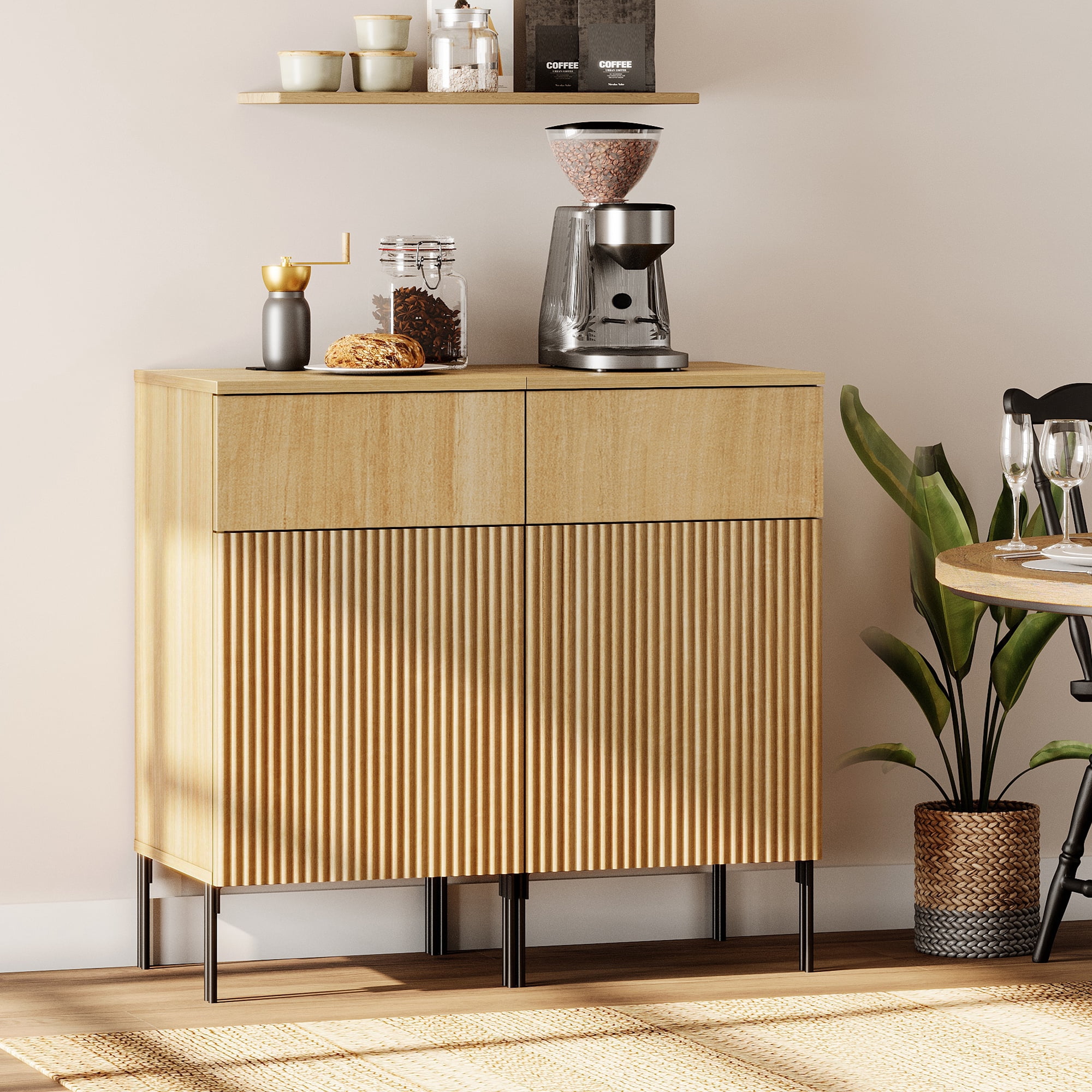 31.5" Wooden 2-Doors Sideboard with Charging Station, Modern Reeded Credenza Storage Cabinet for Kitchen, Dining Room