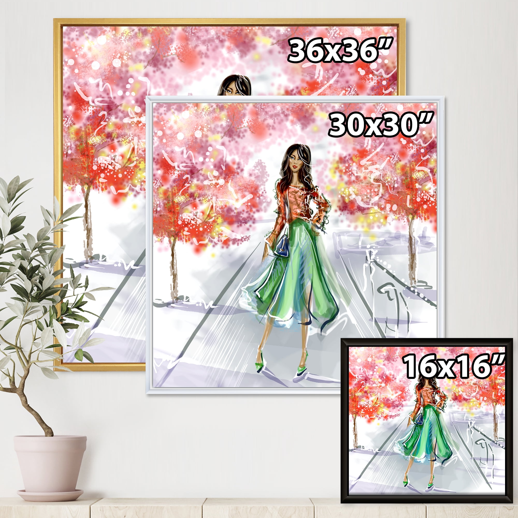 Designart 'Beautiful Woman Wearing Fashionable Clothes In Park' Traditional Framed Canvas Wall Art Print