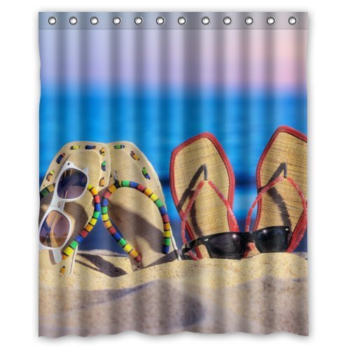 HelloDecor Summer Beach Flip Flops Shower Curtain Polyester Fabric