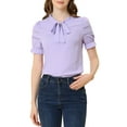 thumbnail image 1 of Blusa de manga corta con volantes y lazo en el cuello para mujer Inspire Chic, color púrpura, talla S, 1 of 8