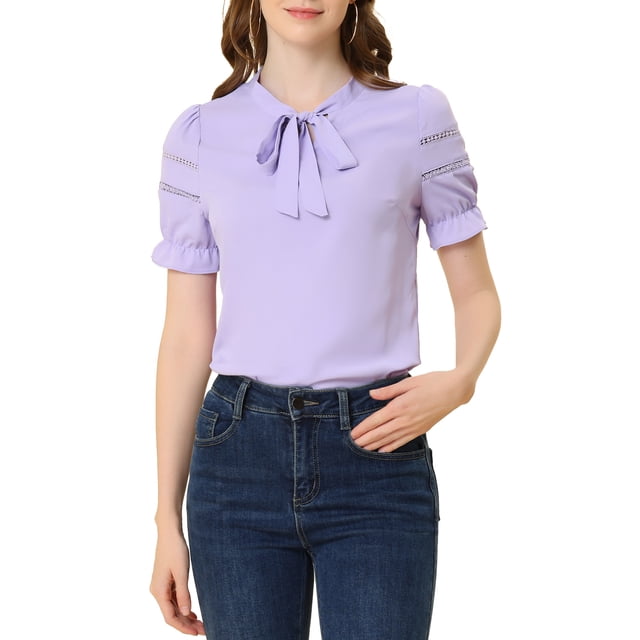 Blusa de manga corta con volantes y lazo en el cuello para mujer Inspire Chic, color púrpura, talla S