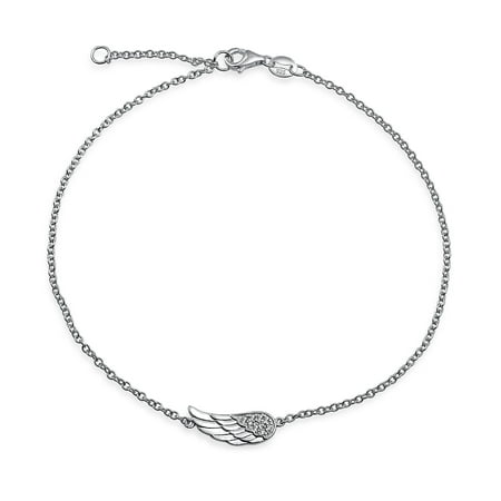 - Angel Wing Feather Shape Anklet Protection Guardian Charm CZ Anklet Link Bracelet Rose Gold Plate Sterling Silver 9-10In