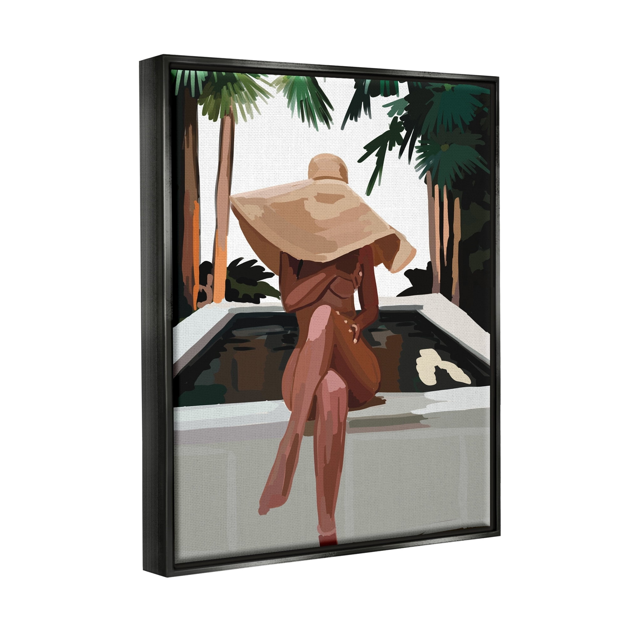 Stupell Industries Trendy Upscale Woman Tropical Summer Hot Tub Graphic Art Jet Black Floating Framed Canvas Print Wall Art, Design by Amelia Noyes