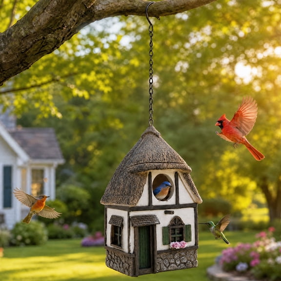 Bird Houses for Outside Cottage Birdhouse Resin Birdhouse with Flower Accents – Hand-Painted Resin Decorative Birdhouses for Outdoors for Bluebird Finches Cardinals Bird Nesting Garden, Patio, Yard