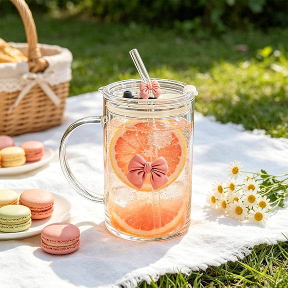 JZCHUNTOY Glass Water Cup 4 Pack, 33.8 Oz Clear Glass with Lid, Straw & 2 Bow Knots, Leakproof Food Grade Reusable Drinkware, for Daily Use, Home, Office, Gifts & Outdoor Activities