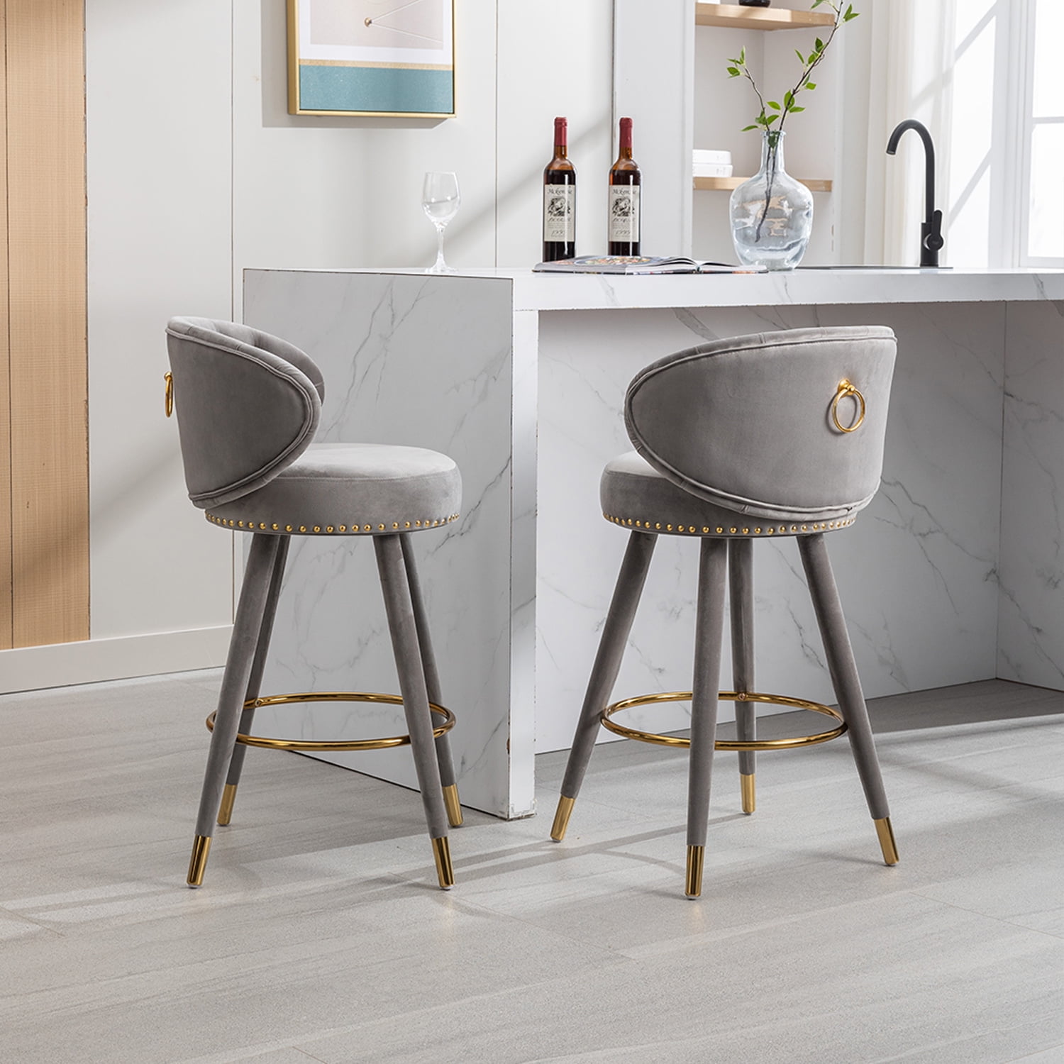 Demi Bonn 36" Counter Height Bar Stools Set of 2, Upholstered Barstools with Backrest, Kitchen Island Countertop Chairs for Dining Room, Gray