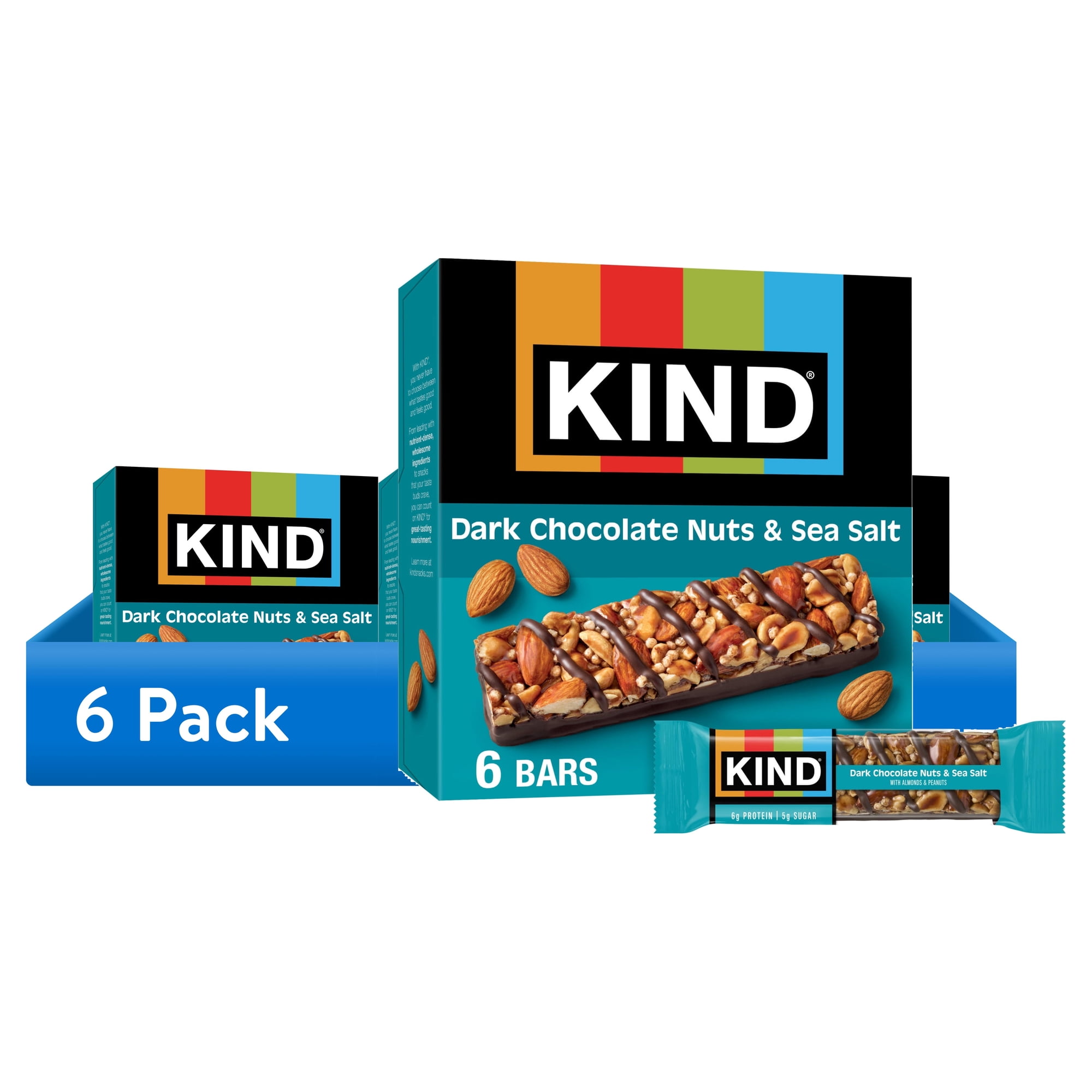 (6 pack) KIND Snack Bars, Dark Chocolate Nuts & Sea Salt, Gluten Free, 6g Protein, 1.4oz, 6 Count