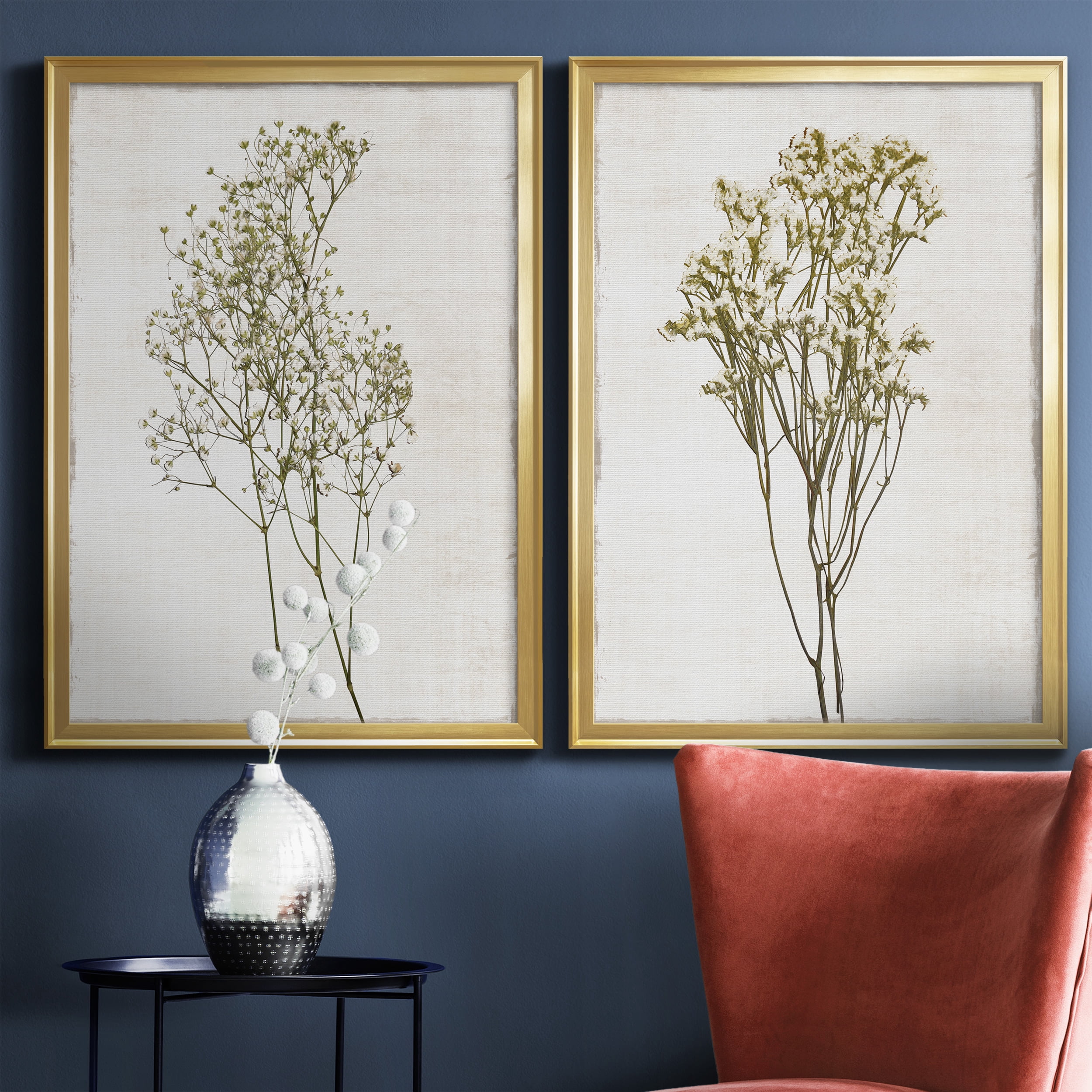 2 Piece Set Farmhouse Pressed Flower I Premium Framed Canvas - Ready to Hang - 26.5 x 36.5 Each - Gold Frame