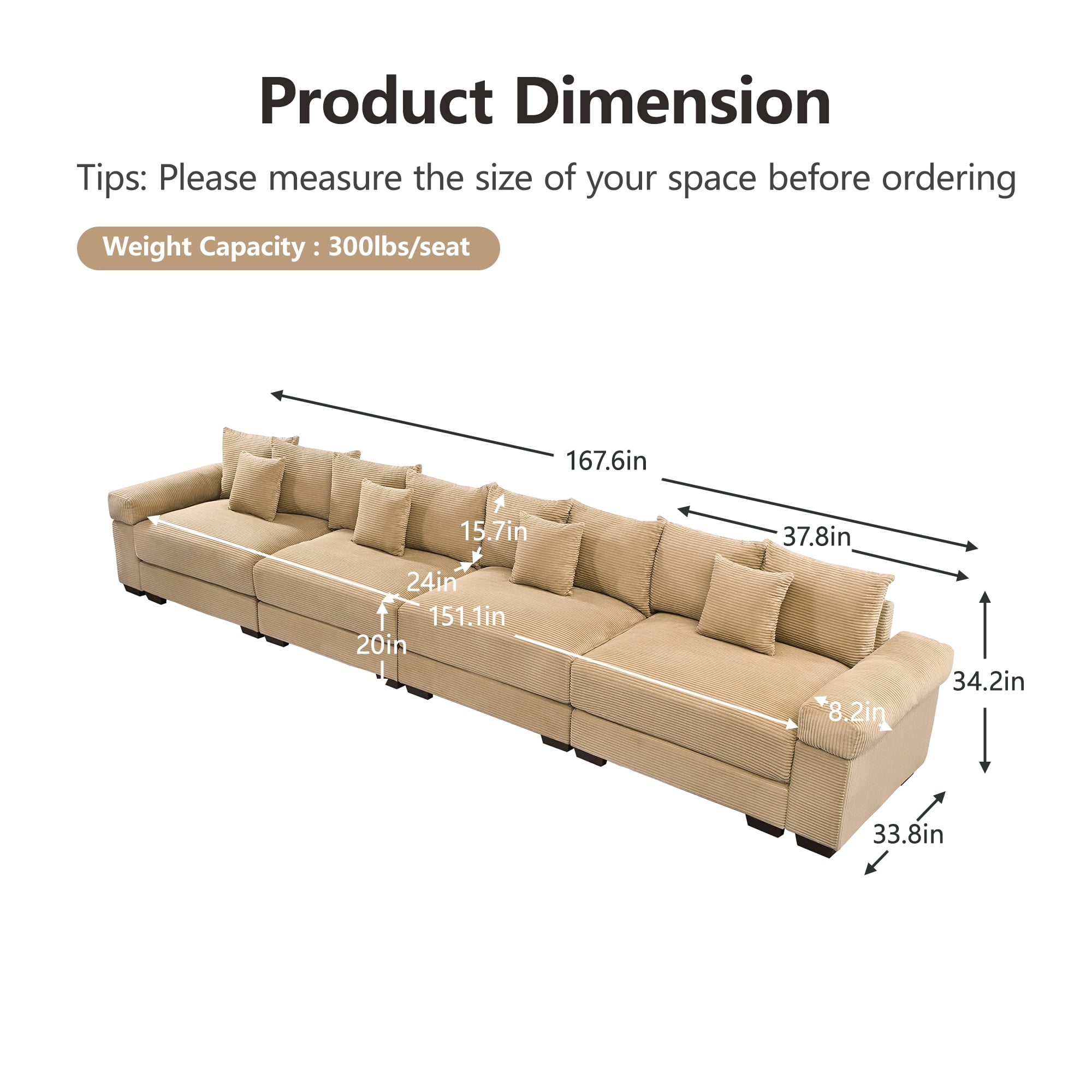 Anpport 170" Oversized Cloud Modular 4-Seater Camel Corduroy Sofa, 12 Throw Pillows Included, Washable Removable Covers, Double-Layer Thick Cushions, Wide Armrest