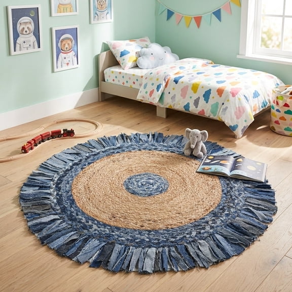 Harlow Hill Cora 5'6" Round Denim Blue Striped Hand Braided Reversible Jute Indoor Area Rug