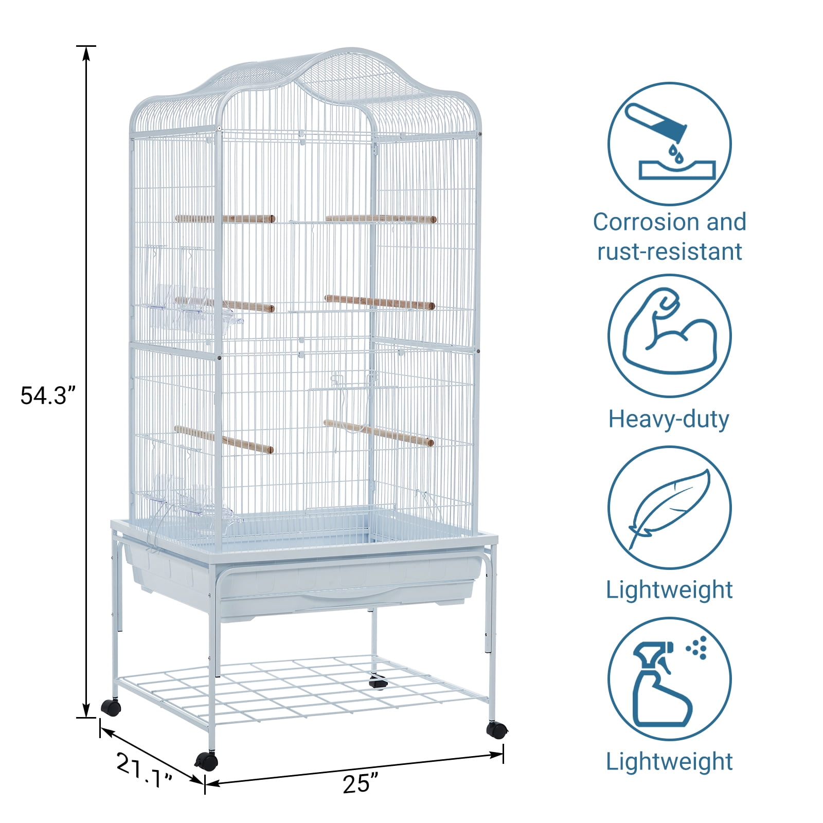 Spacious Metal Bird Cage with Play Top – Rolling Stand. Storage Shelf. -Out Tray – Flight Cage for Parrots. Cockatiels. Conures. Parakeets. Budgies. Lovebirds. Finches. Canaries – White