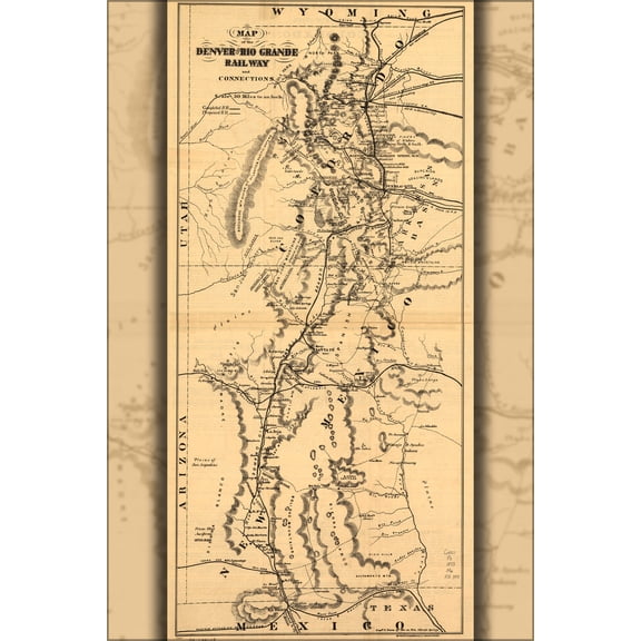 24"x36" Gallery Poster, Map of Denver & Rio Grande Railroad colorado 1873