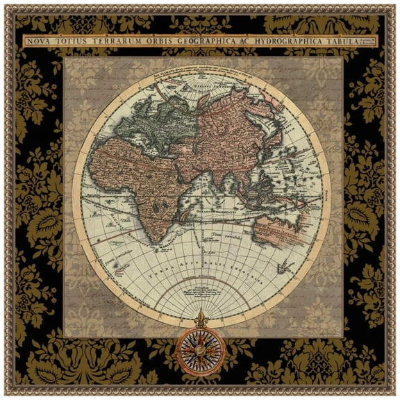 Amanti Art Damask on Black Map I Framed Canvas Wall Art Print