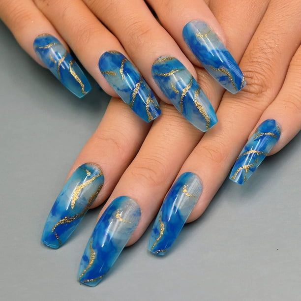 Extra Long Coffin Press on Nails, 24Pcs Glossy False Nails, Gold Wave  Glitter Fake Nails, Blue Splashing-ink Blooming Pattern Acrylic Nails with  Design for Women and Girls 