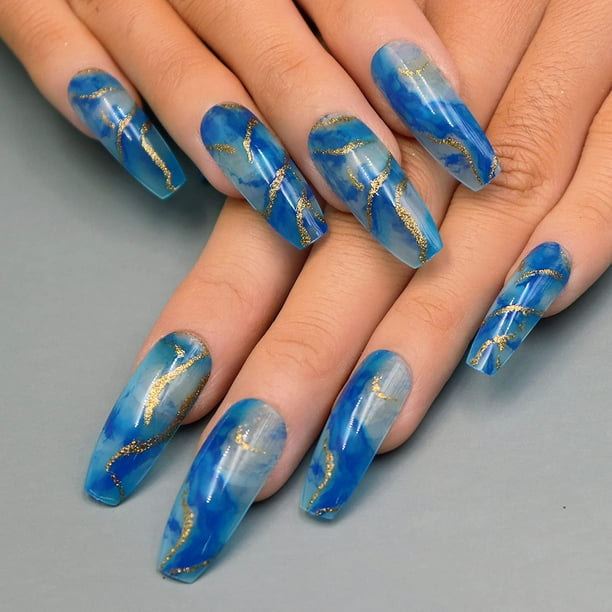 Extra Long Coffin Press on Nails, 24Pcs Glossy False Nails, Gold Wave Glitter Fake Nails, Blue Splashing-ink Blooming Pattern Acrylic Nails with Design for Women and Girls Extra Long Coffin Press on Nails, 24Pcs Glossy False Nails, Gold Wave Glitter Fake Nails, Blue Splashing-ink Blooming Pattern Acrylic Nails with Design for Women and Girls