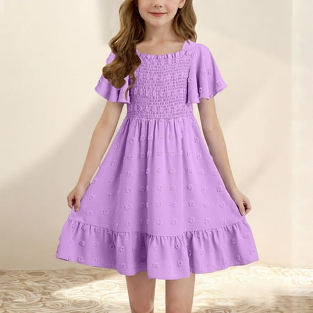 Spazoro Toddler Girls A-Line Dress Short Sleeve Solid Color Casual Round Neck Princess Dresses for Child Girls Purple Size 13 T
