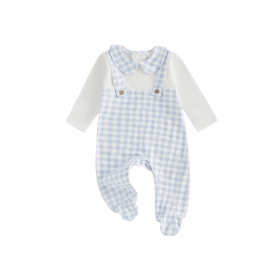 BemeyourBBs Preemie Newborn Girl Spring Summer Fall Winter Clothes 0 3 6 Months Footed Romper Plaid Fake Two-Piece Long Sleeve Doll Collar Footie Jumpsuit