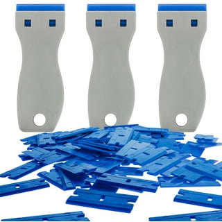 Plastic Razor Blade Scraper, 2 Pack Razor Scraper with 120 Pcs Razor Blades  for Removing Glue, Sticker, Decals, Tint from Car Window and Glass(Blue)