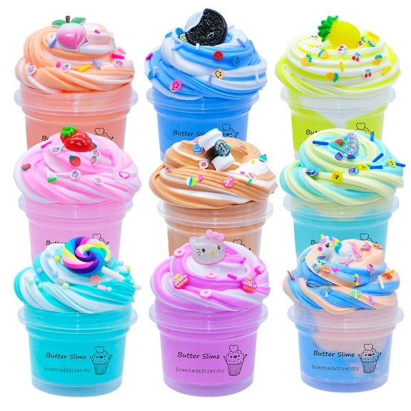 BVEHSR 9 Pack Fruit Dessert Butter Slime Kit, Scented, Stress Relief, for Girls, Ages 3-12