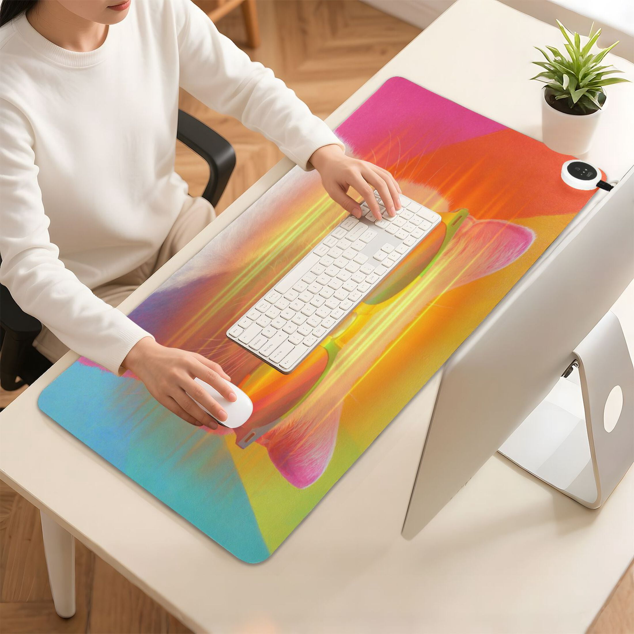 Large Heated Desk Mat Mouse Pad 31.5"x13"PU Leather Graphene Heating Desk Warmer with 3 Temperature Settings 110V US Plug Non-Slip Warm Pad for Home, Office, and Gaming White Cat Colorful Sunglasses