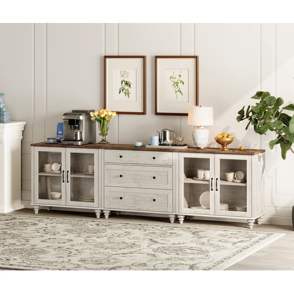 3-in-1 Sideboard Buffet Cabinet with Ample Drawers, Farmhouse Kitchen Pantry Storage Cabinet, Console Table & Entertainment Center for Living Room or Dining Room, Rustic White