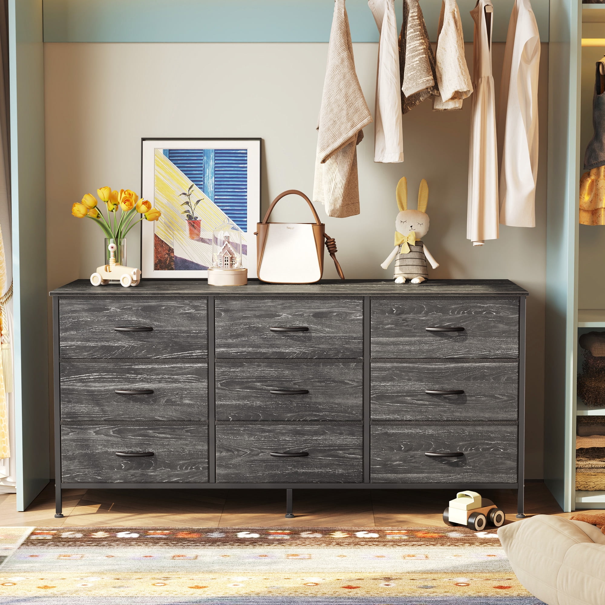 9 Drawer Bedroom Dresser with Storage, 47 Inch TV Stand for 50, 55 Inch TV, Fabric Chest for Closet