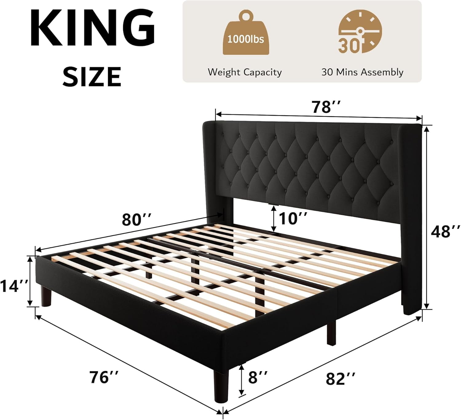 iPormis King Size Bed Frame with Diamond Button Tufted Wingback Headboard, Upholstered Platform Bed Frame with Strong Wood Slat Support, No Box Spring Needed,Black