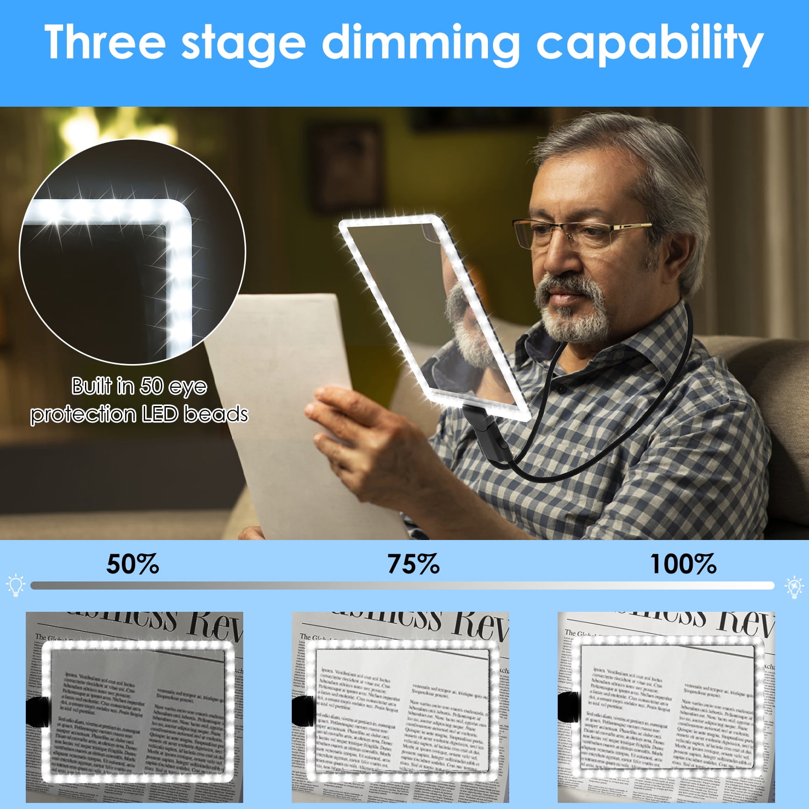 Magnifying Glass with Light Rechargeable Hands Free Full Page Reading Magnifier with Neck Hanging 7.5 x 10.2in for Elderly Visual Impairment