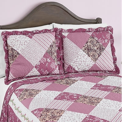 - Collections Etc Delilah Floral Vines Patchwork Pillow Sham, Diamond Patches with Quilted Stitching, Elegant Pink, Burgundy, Beige and White