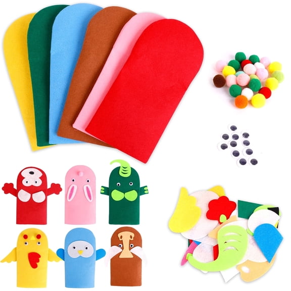 DIY Hand Puppet Craft Kit 6 Set Felt Animal Puppet Making Kit with Pom Poms Googly Eyes for Kids Storytelling & Birthday Gifts
