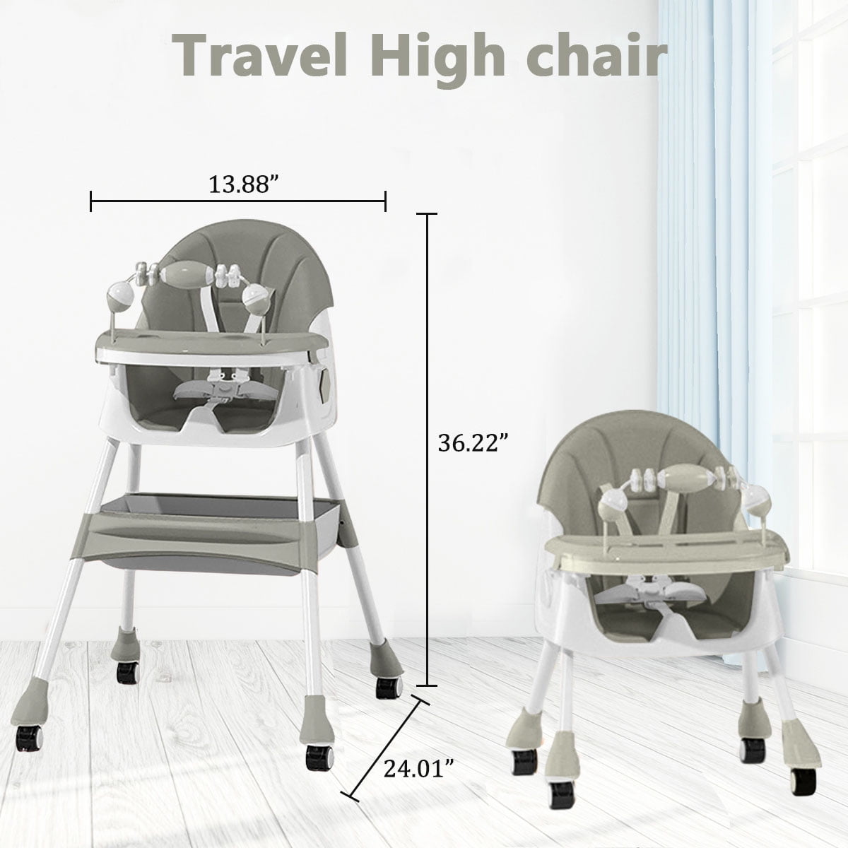 PUEDO 4-in-1 Baby High Chair Portable Toddler Dining Chairs Eat & Play Convertible Highchair with Adjustable Tray, Gray