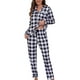 thumbnail image 1 of Conjunto de pijama ZMJ Camisa de manga larga a cuadros con rejilla blanca para mujer, 1 of 7