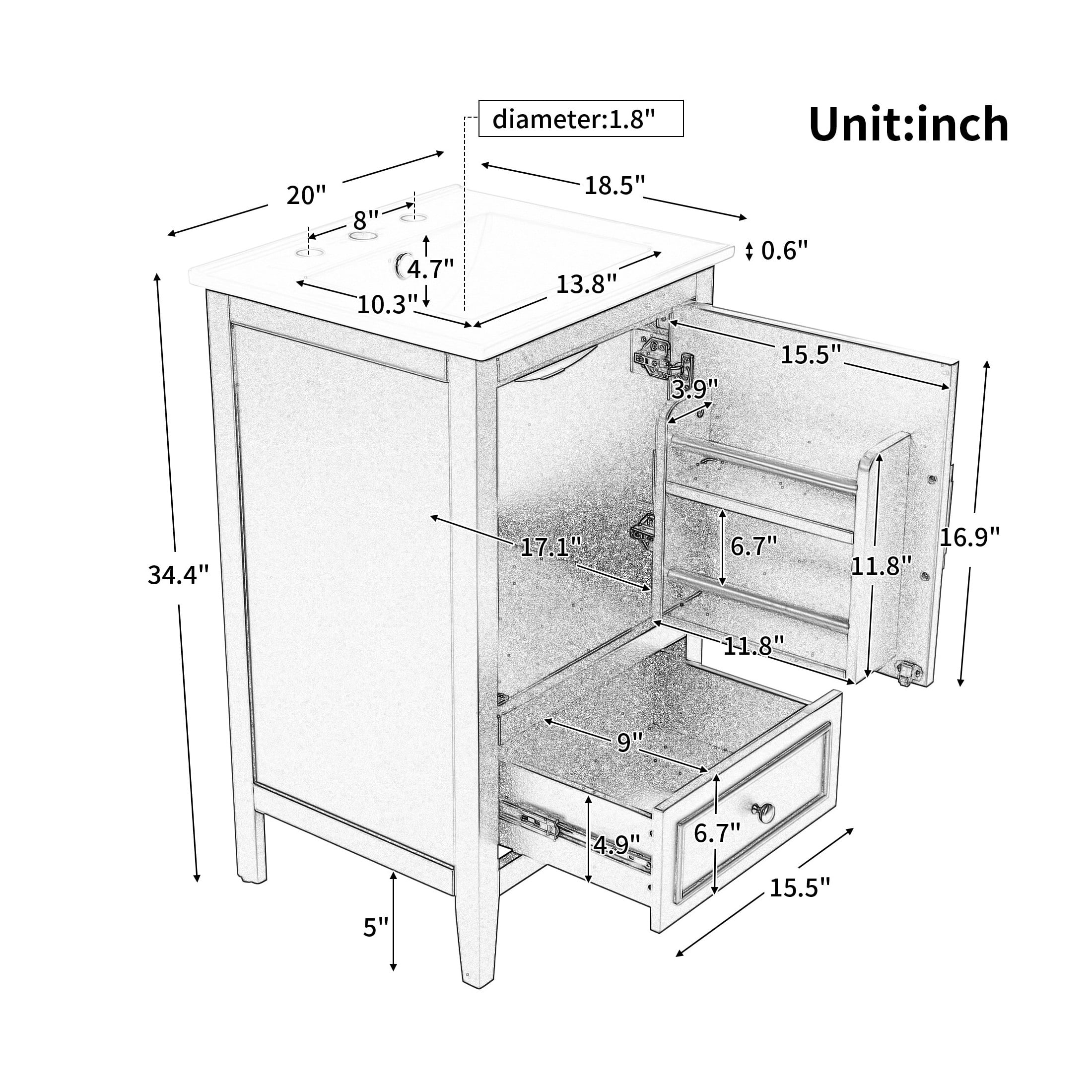 GDF Studio 20" Bathroom Vanity with Ceramic Sink, Freestanding Cabinet with Drawer and Door Shelf, Black