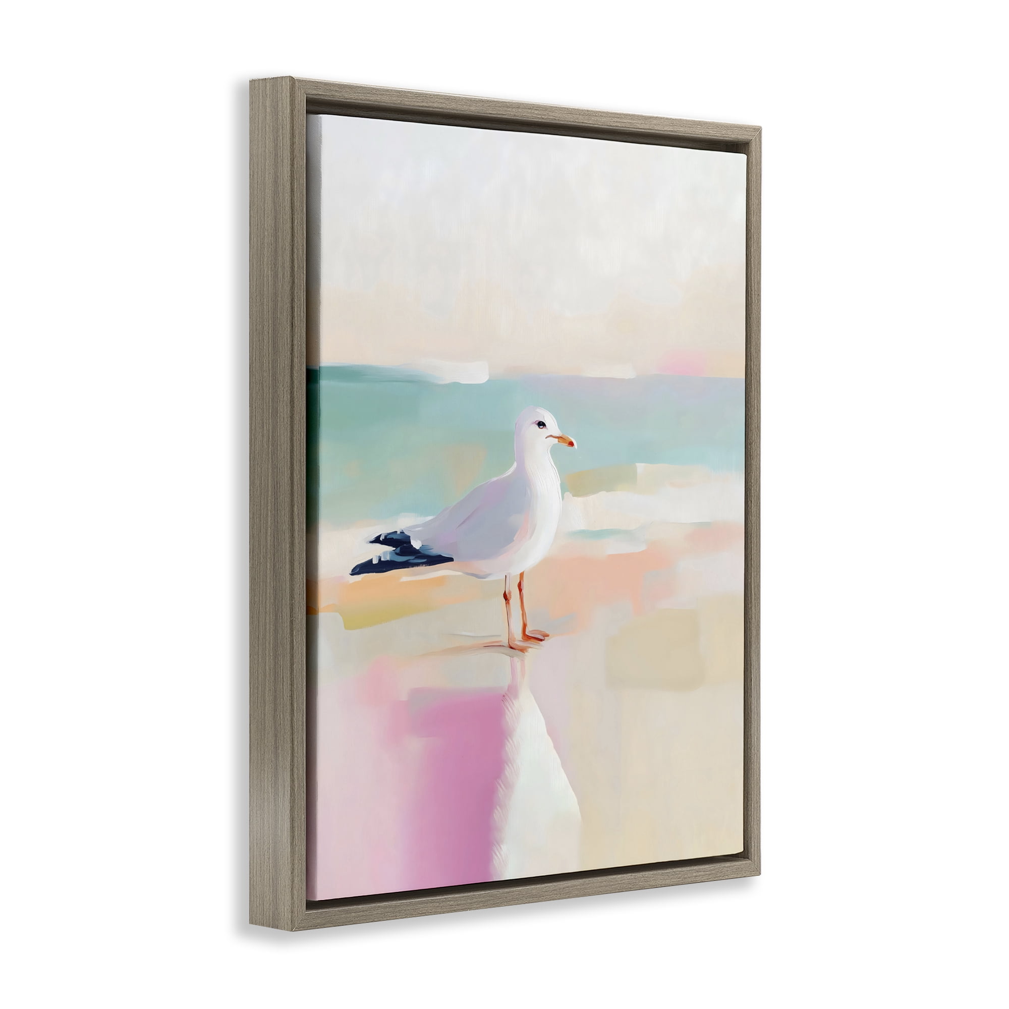 Stupell Industries Seagull Beach Tranquil Reflection Brown Framed Floater Canvas Wall Art, design by The Prints Vibe