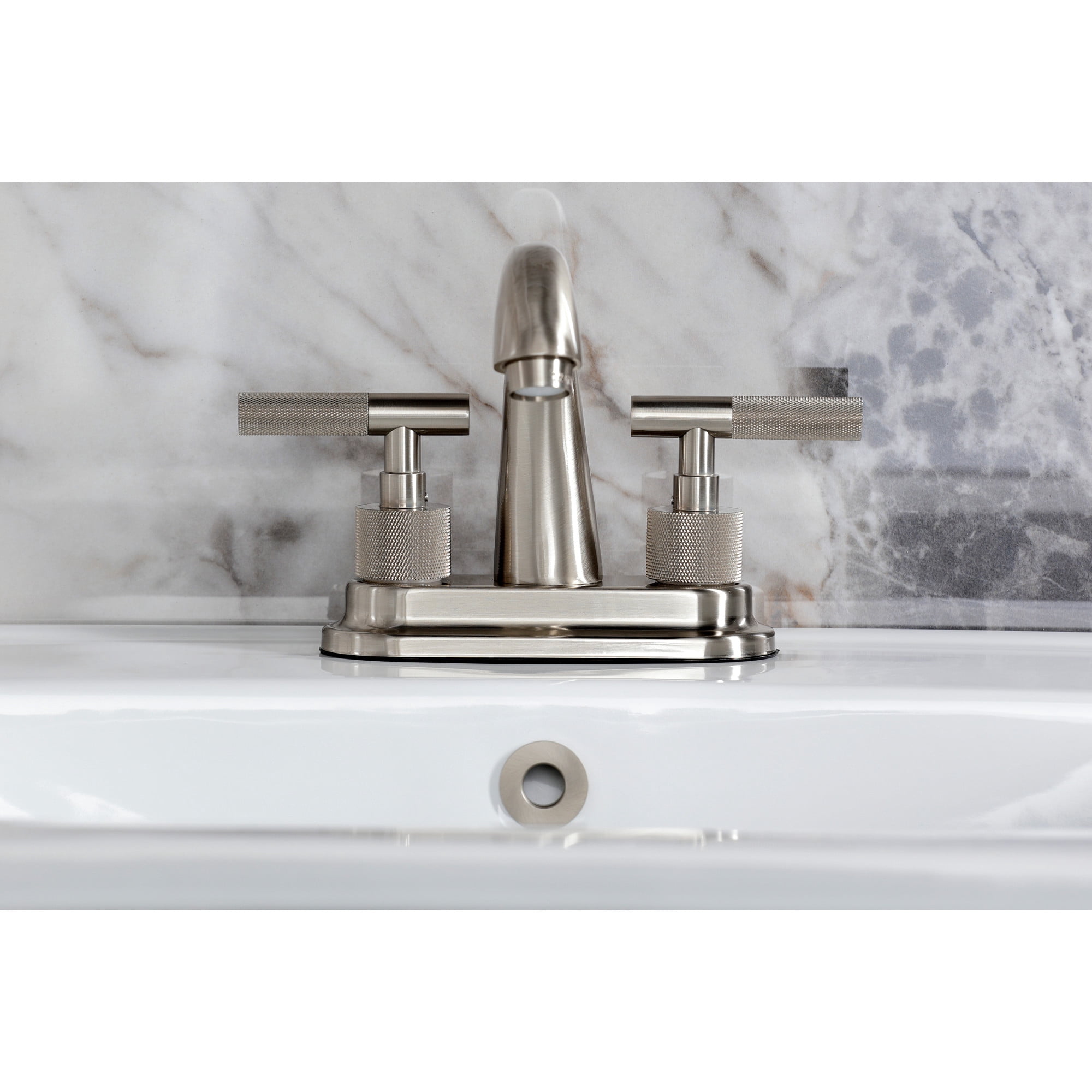 Kingston Brass KS8618KNL Knurled Double-Handle 3-Hole Deck Mount 4-Inch Centerset Bathroom Faucet with Brass Pop-Up in Brushed Nickel