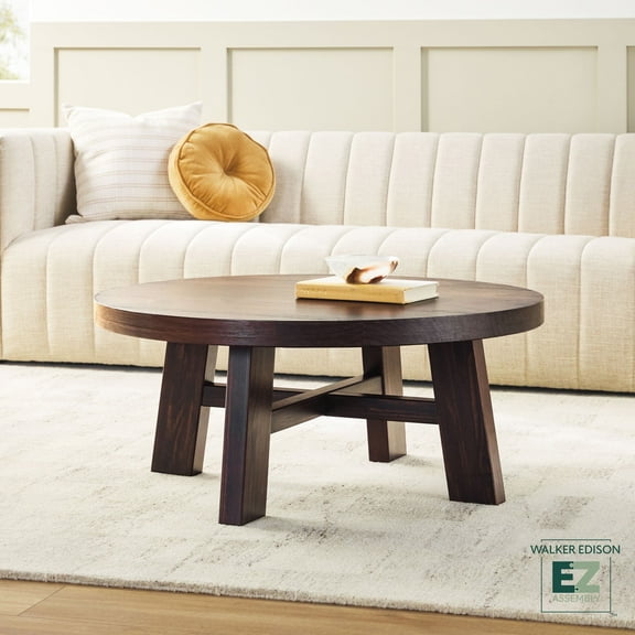 Walker Edison Modern Farmhouse Easy Assembly Wood Round Coffee Table Espresso