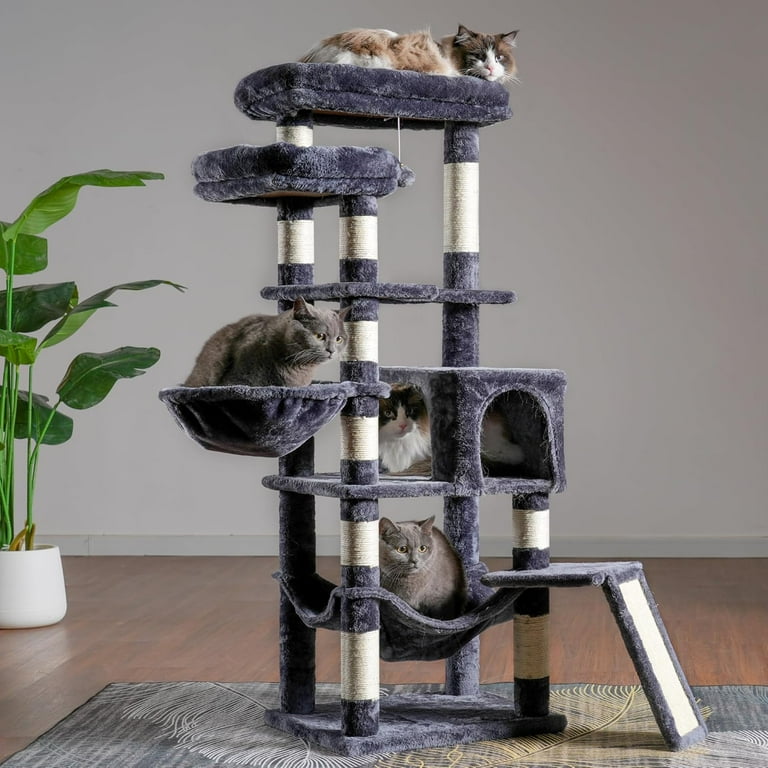 Cat Tree with Scratching Post 57 inch Cat Tower for Indoor Cats Cat Condo with Two Large Platforms Hammock and Big Scratch Board Smoky Gray Walmart