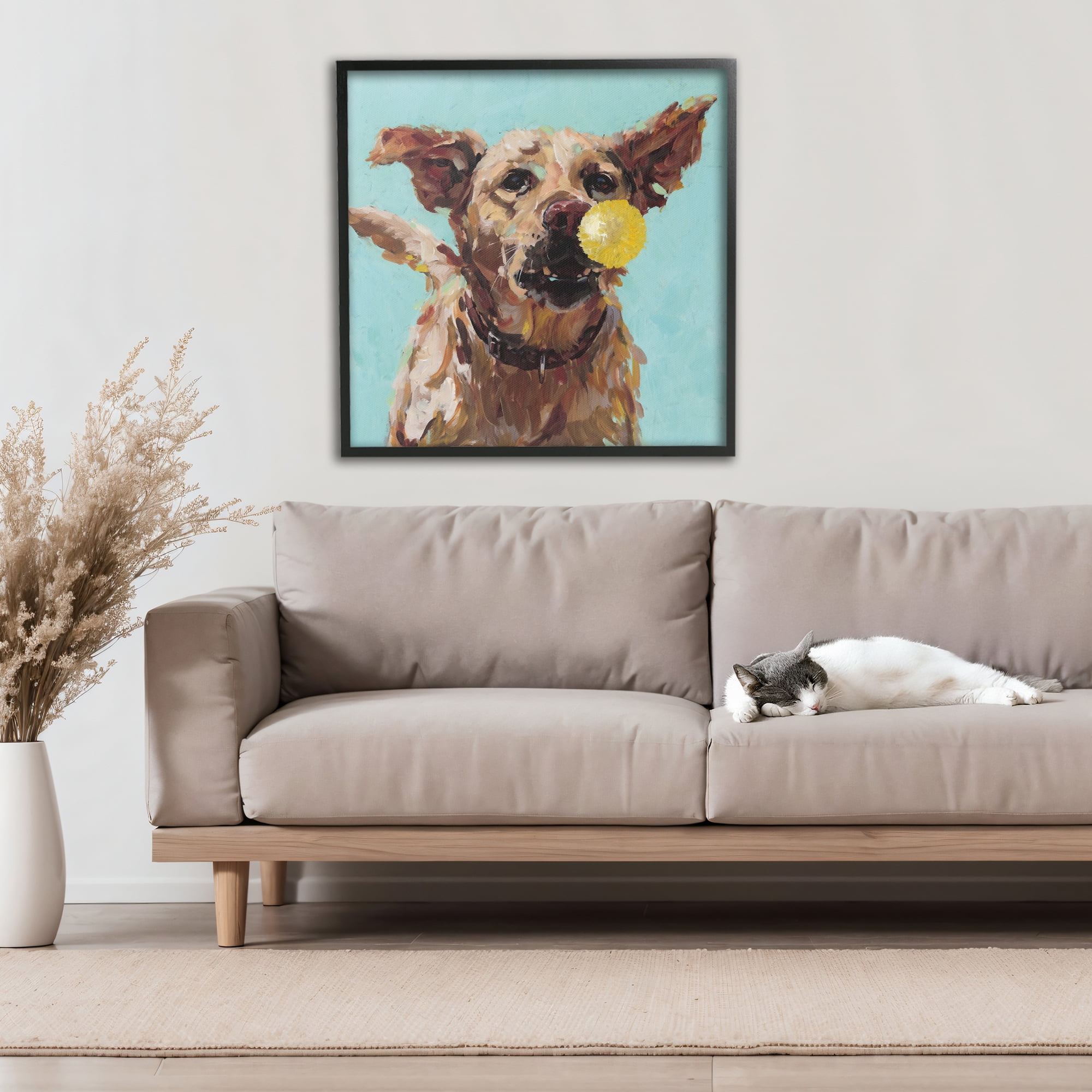 Dog Playing with Ball Black Framed Giclee Art, design by Studio Bautista